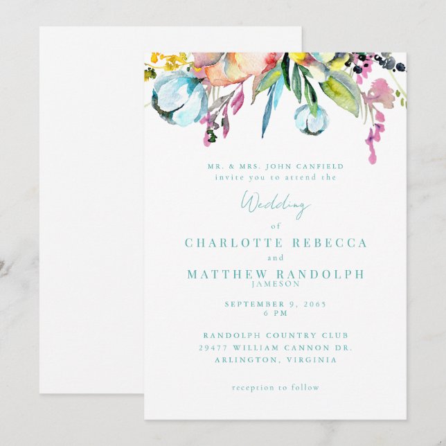 Invitation Mariage Floral Multicolore de Fleur Sauvage (Devant / Derrière)