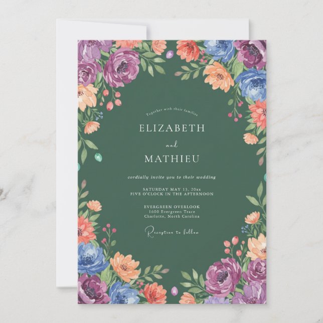 Invitation Mariage Floral Multicolore Sage Profond (Devant)