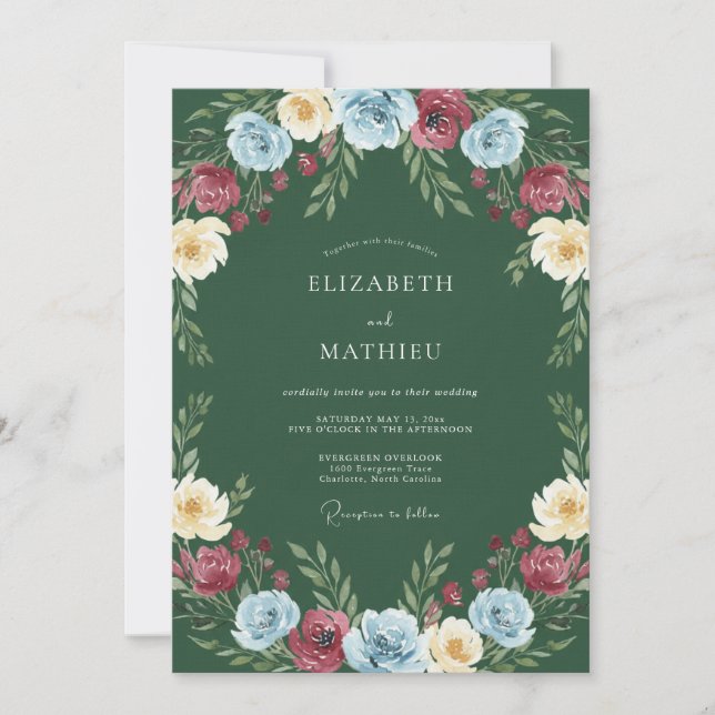 Invitation Mariage Floral Multicolore Vert Chasseur (Devant)