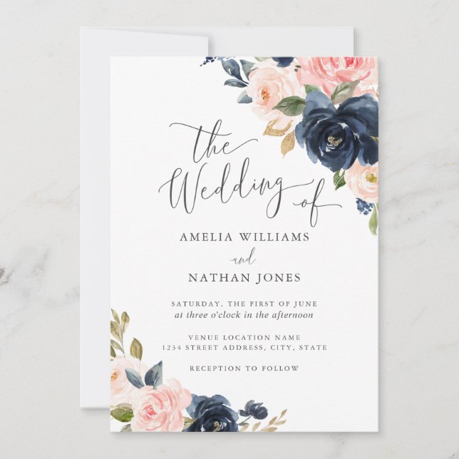 Invitation Mariage Floral Naval Blush Moderne (Devant)