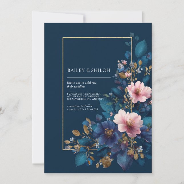 Invitation Mariage floral Navy & Blush (Devant)
