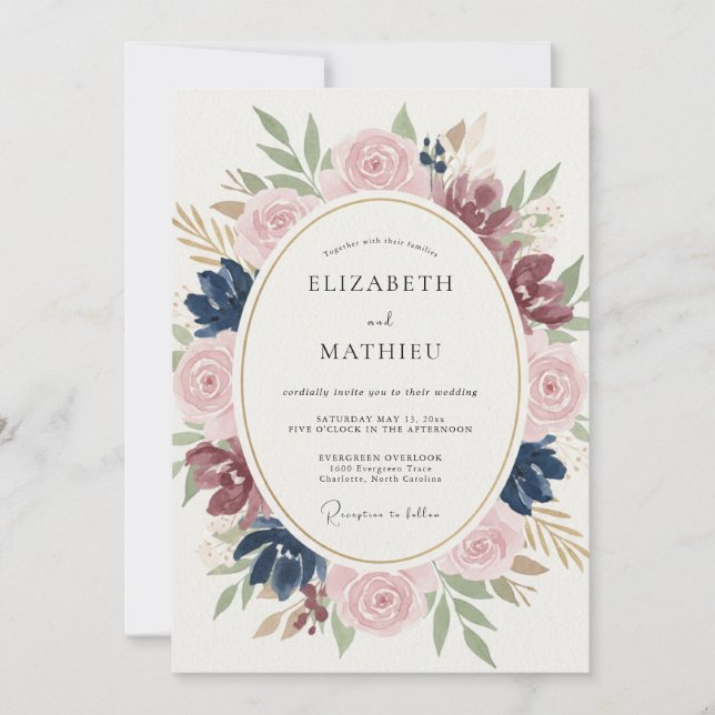 Invitation Mariage floral Navy Blush (Devant)