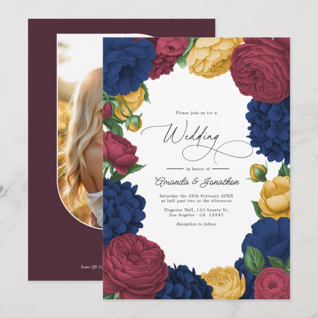 Invitation Mariage floral Navy, Bourgogne & Or (Devant / Derrière)