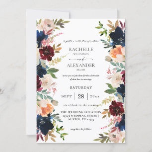 Invitation Mariage floral Navy, Bourgogne, Rose et Pêche