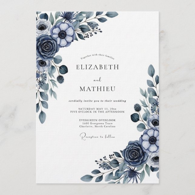 Invitation Mariage Floral Navy Moody (Devant)