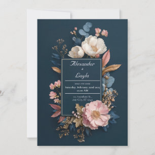 Invitation Mariage Floral Navy Rose Pâle Blanc Maussade
