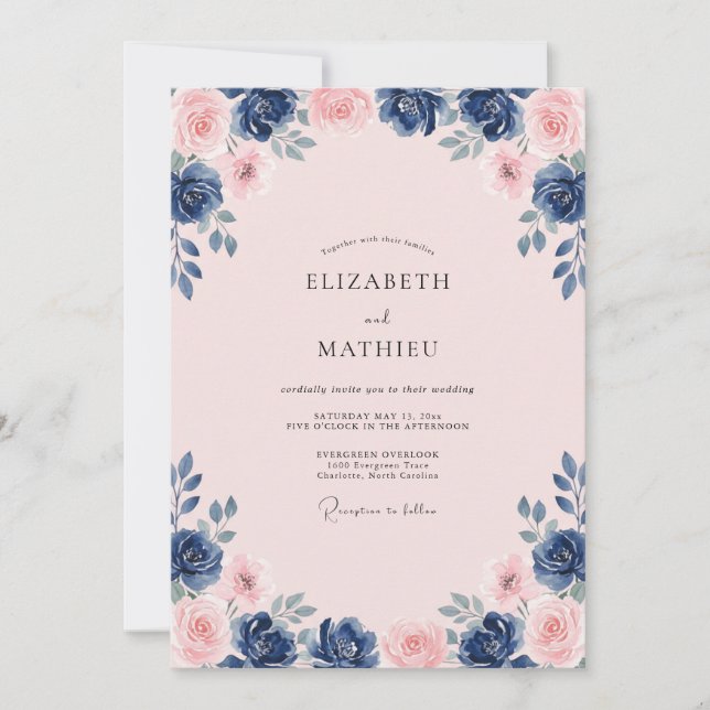 Invitation Mariage Floral Navy Rose Poli (Devant)