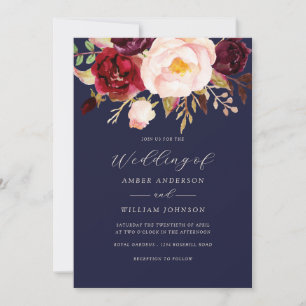 Invitation Mariage Floral Navy Rouge de Bourgogne