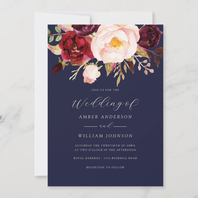 Invitation Mariage Floral Navy Rouge de Bourgogne   (Devant)