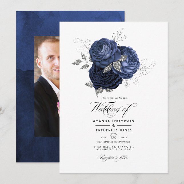 Invitation Mariage Floral Navy Rustique et Faux Paillettes Ar (Devant / Derrière)