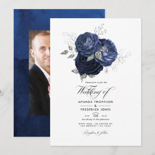Invitation Mariage Floral Navy Rustique et Faux Paillettes Ar