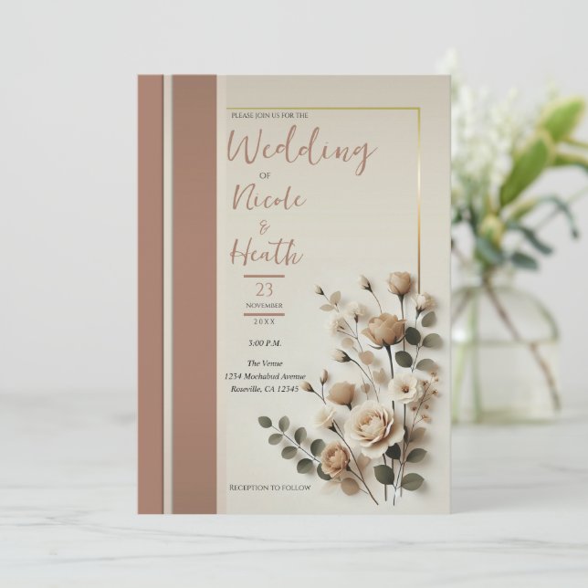 Invitation Mariage Floral Neutre Mousse au Moka (Debout devant)