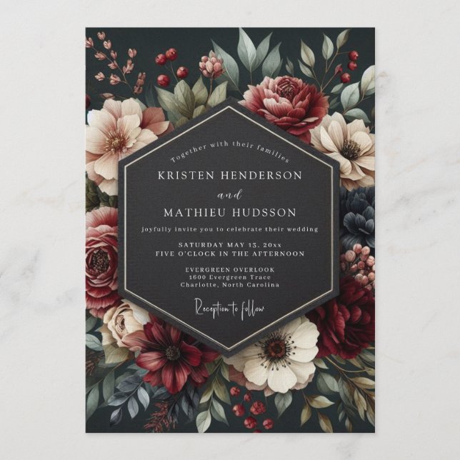 Invitation Mariage Floral Nocturne Bourguignon (Devant)