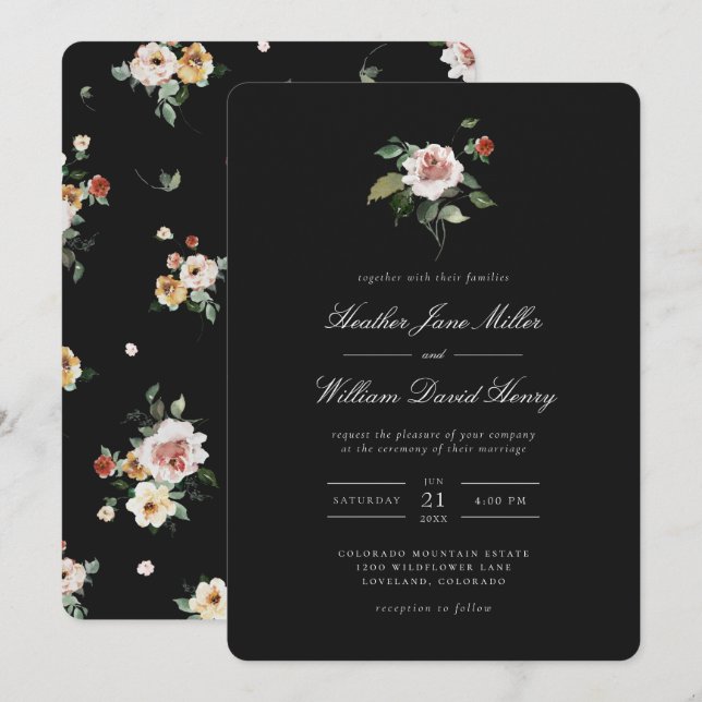 Invitation Mariage Floral Noir (Devant / Derrière)