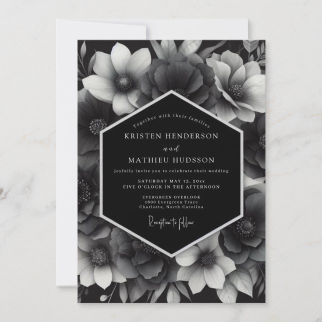 Invitation Mariage Floral Noir au Charbon (Devant)