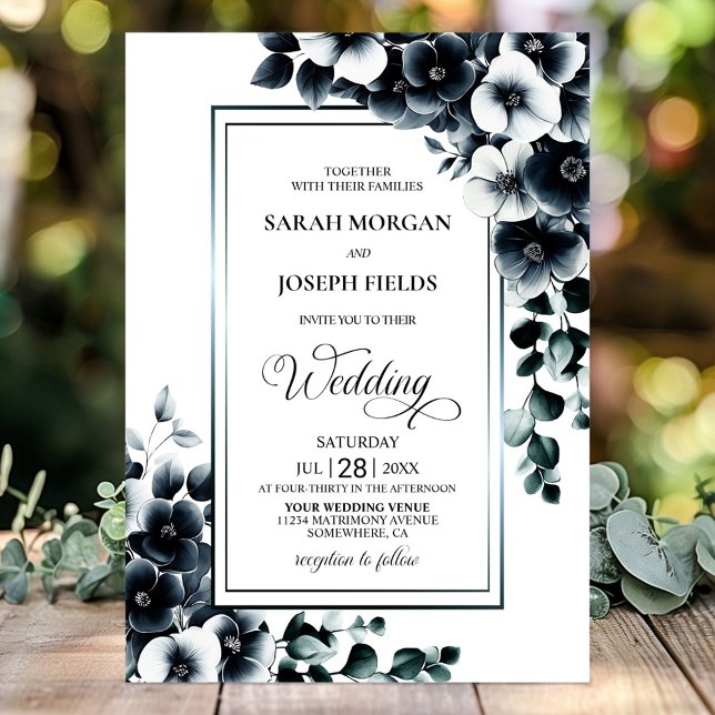 Invitation Mariage floral noir blanc élégant (Créateur téléchargé)