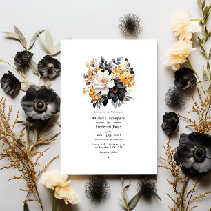 Invitation Mariage floral noir, blanc et or