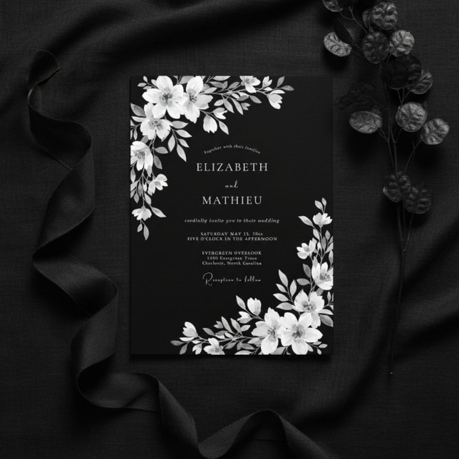 Invitation Mariage Floral Noir Blanc Romance (Créateur téléchargé)
