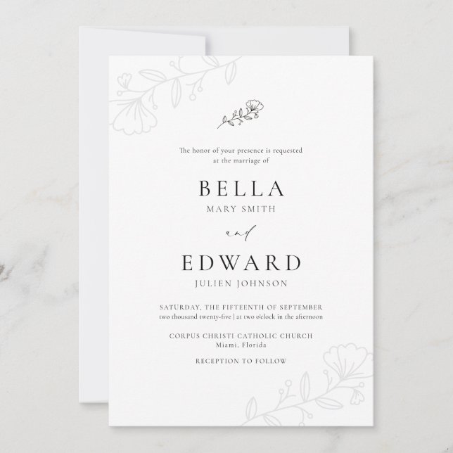 Invitation Mariage floral noir blanc simple (Devant)