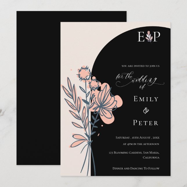 Invitation Mariage floral noir classique élégant main tiré (Devant / Derrière)