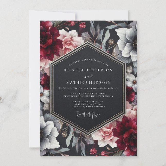 Invitation Mariage Floral Noir de Bourgogne (Devant)
