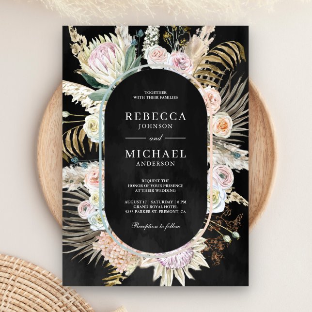 Invitation Mariage floral noir de palmier tropical séché (Créateur téléchargé)