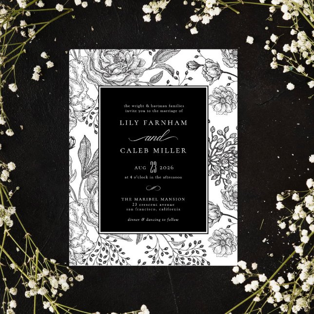 Invitation Mariage floral noir élégant (Créateur téléchargé)