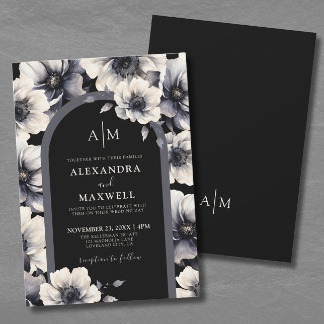 Invitation Mariage Floral Noir Élégant Moderne (Elegant Modern Black Floral Wedding Invitation)