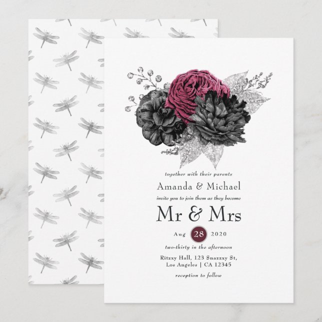 Invitation Mariage floral noir et argent Marsala (Devant / Derrière)