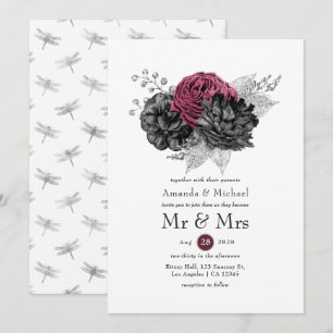 Invitation Mariage floral noir et argent Marsala