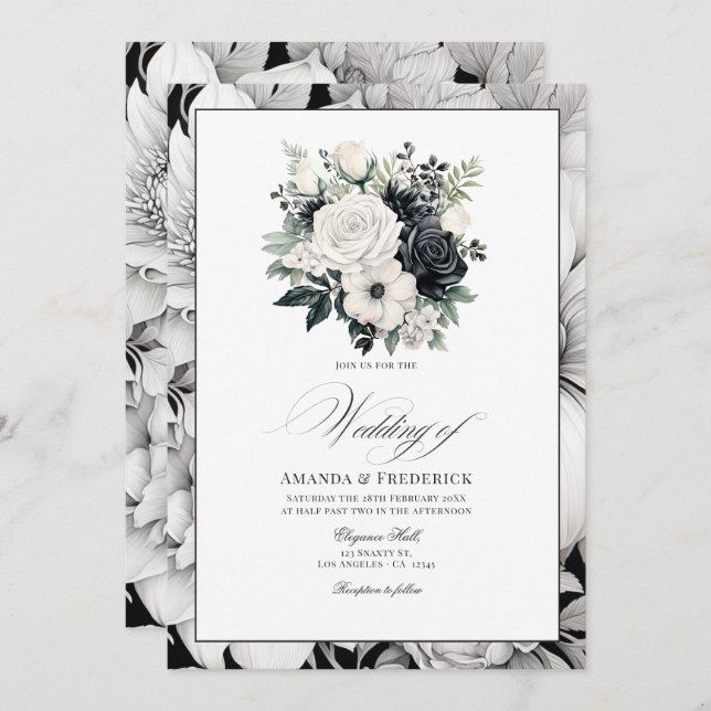 Invitation Mariage floral noir et blanc (Devant / Derrière)