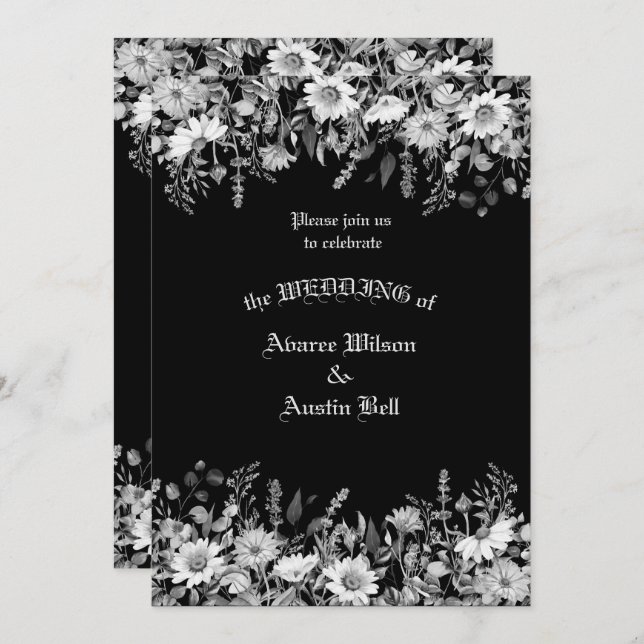 Invitation Mariage floral noir et blanc (Devant / Derrière)