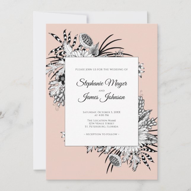 Invitation Mariage floral noir et blanc (Devant)