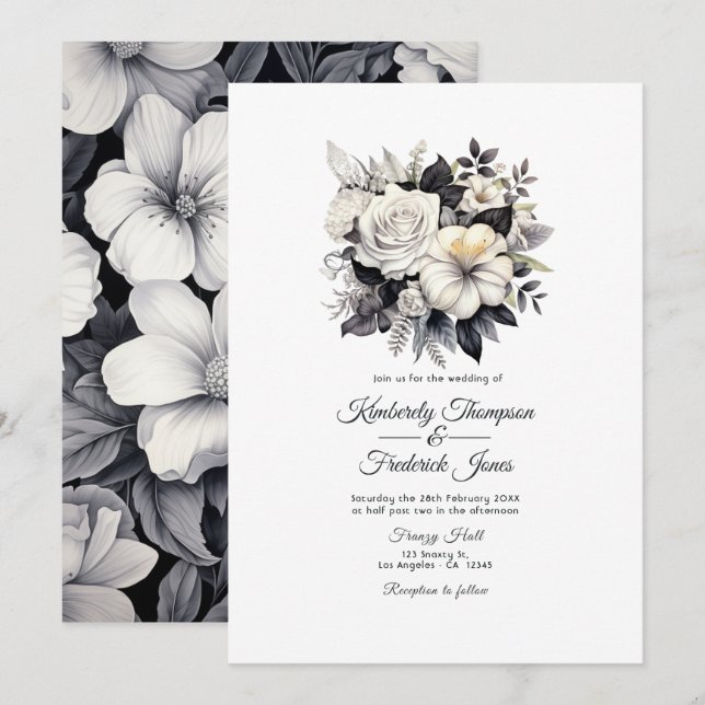 Invitation Mariage floral noir et blanc (Devant / Derrière)
