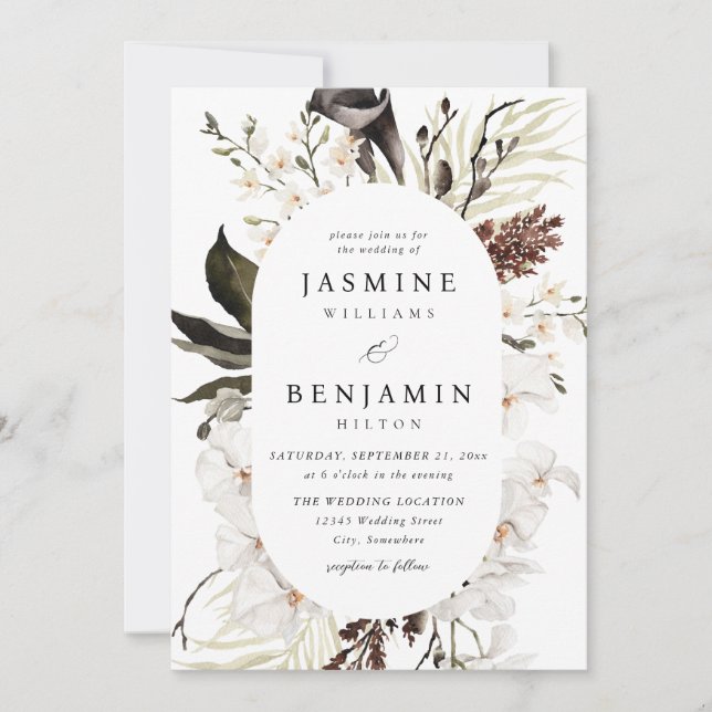 Invitation Mariage floral noir et blanc (Devant)