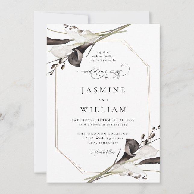 Invitation Mariage floral noir et blanc 4 (Devant)