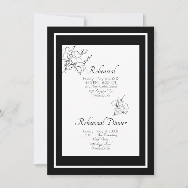 Invitation Mariage floral noir et blanc Élégante répétition (Devant)
