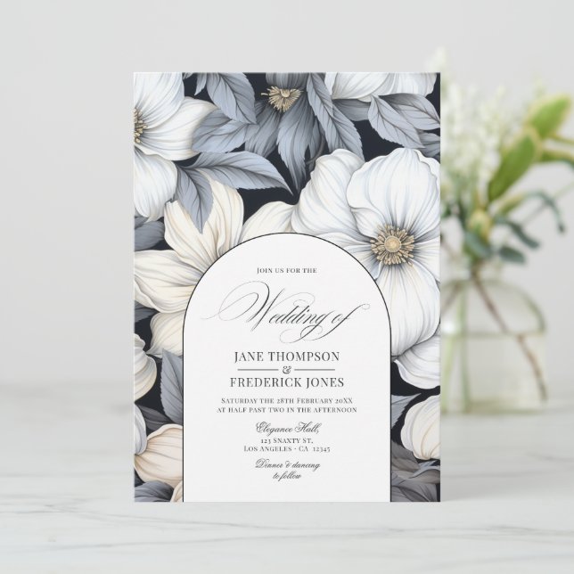Invitation Mariage Floral Noir et Blanc Intemporel (Debout devant)