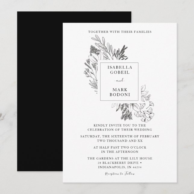 Invitation Mariage floral noir et blanc minimal (Devant / Derrière)