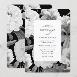 Invitation Mariage floral noir et blanc Peonies d'aquarelle