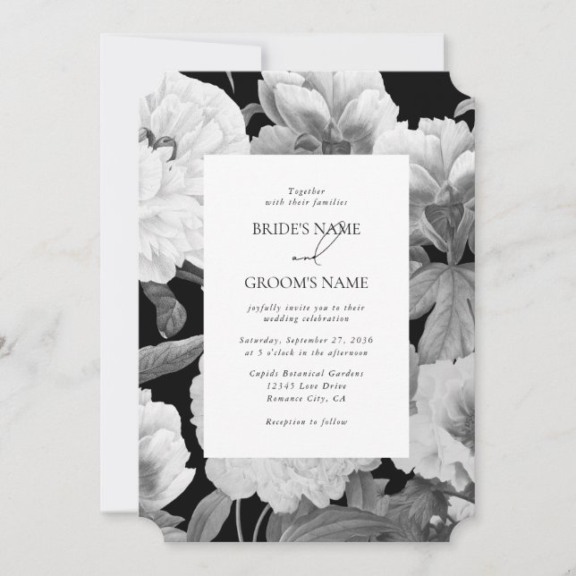 Invitation Mariage floral noir et blanc Peonies d'aquarelle (Devant)