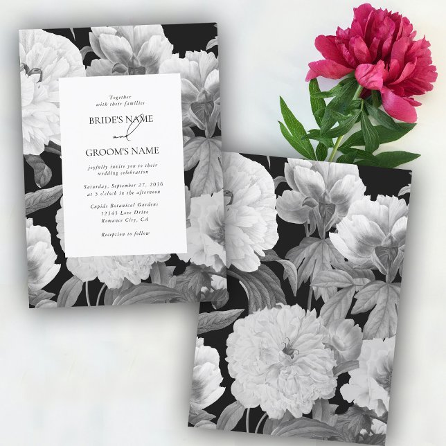 Invitation Mariage floral noir et blanc Peonies d'aquarelle (Black & White Peonies Watercolor Floral Wedding Invitation)