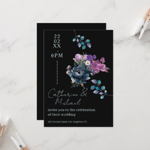 Invitation Mariage Floral Noir et Bleu de Minuit Gothique et 