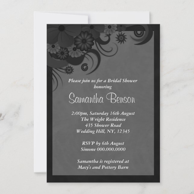 Invitation Mariage floral noir et gris (Devant)