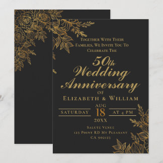Invitation Mariage floral noir et or