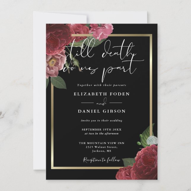 Invitation Mariage Floral Noir et Or de Style Gothique (Devant)