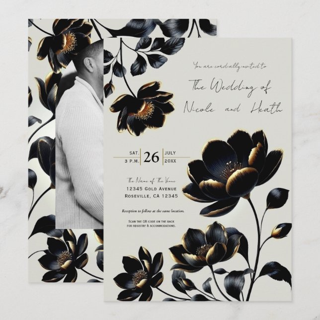 Invitation Mariage floral noir et or Greige (Devant / Derrière)