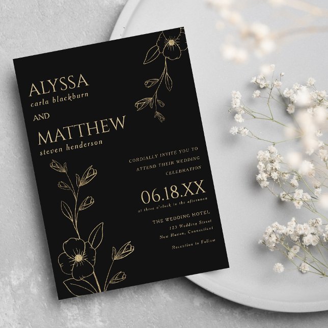 Invitation Mariage floral noir et or simple et élégant (Simple elegant black and gold floral wedding invitation )