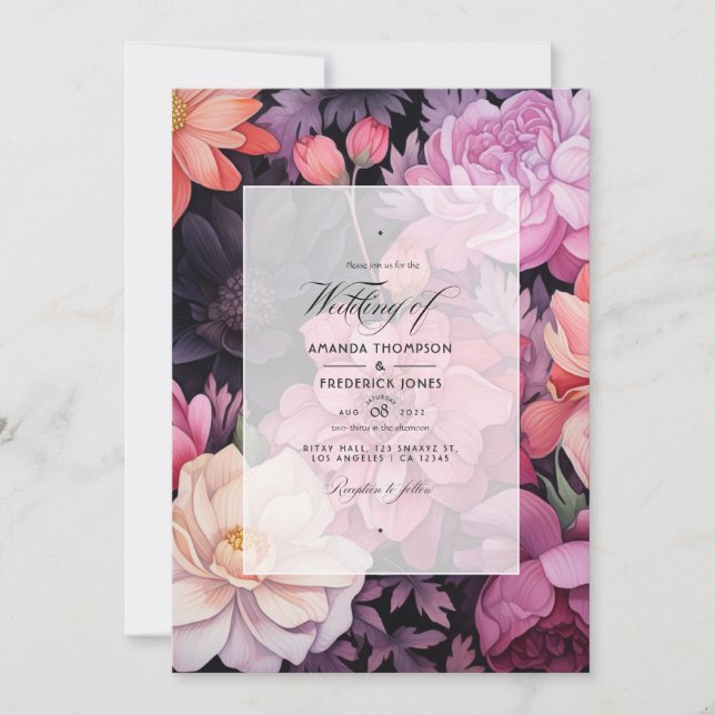 Invitation Mariage floral noir et rose (Devant)