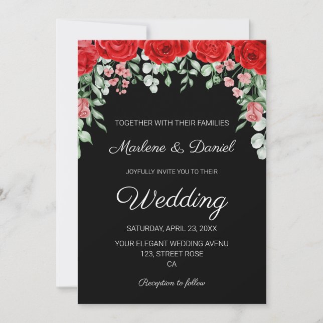 Invitation Mariage Floral Noir et Rouge moderne (Devant)